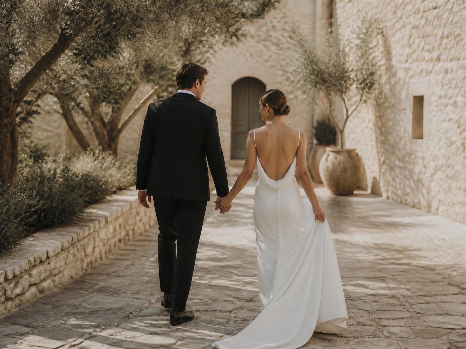 A newly married couple walking through a sunlit stone courtyard